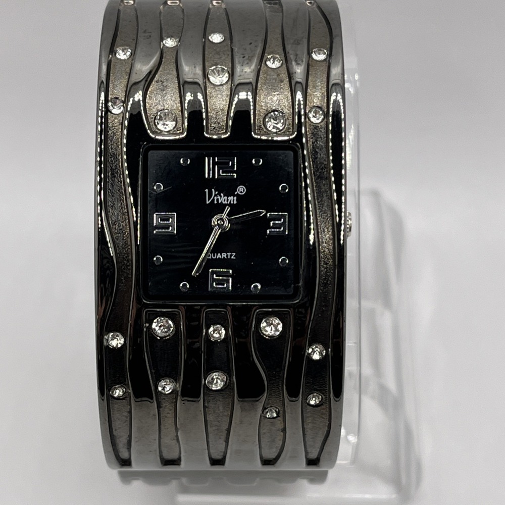 Vivani Women's Bangle Band Quartz Watch Crystal Accent‎ Gunmetal- New Battery